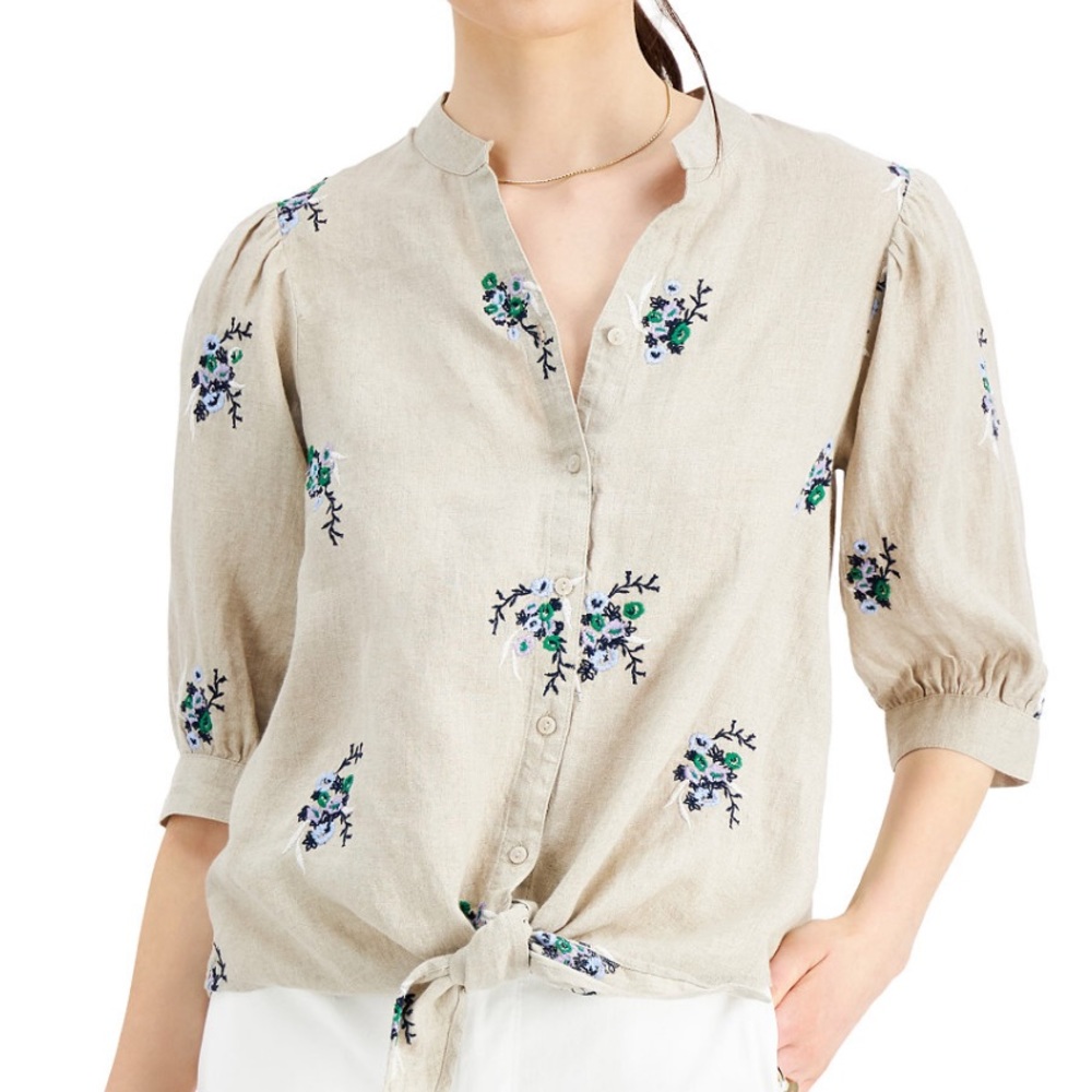 Charter Club Linen Embroidered Tie Top